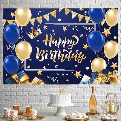 Blue And Gold Birthday Backdrop Decor, Suitable For Men's Birthday Party, Bachelor Party, Anniversary Celebration, And Elegant Blue Birthday Decoration