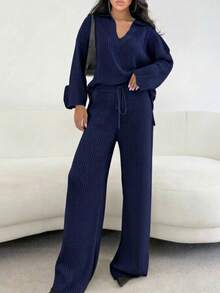 Women's Knit Set: Longline Oversized Polo Neck Blouse And Ribbed Pants With Adjustable Drawstring - Aerolook - Navy Blue - View 1