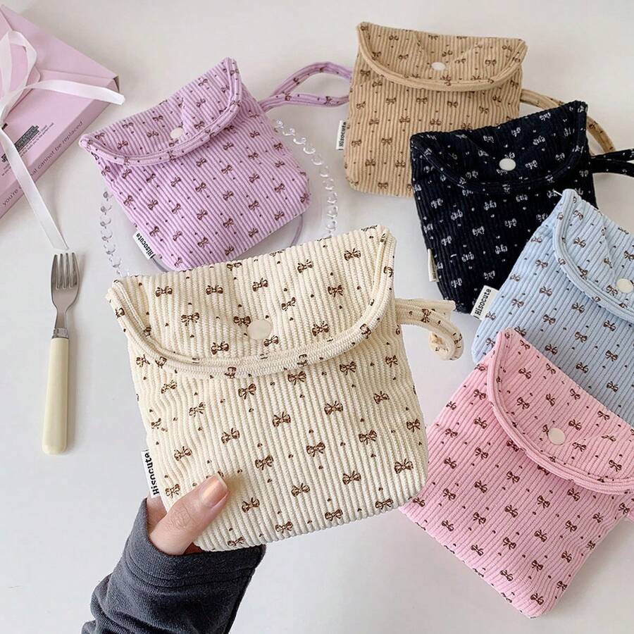 1pc New Corduroy Bow Tie Large Capacity Sanitary Pad Storage Bag, Multi-Functional Feminine Hygiene Pouch, Cosmetic Bag, Mini Toiletry Bag, Suitable For School, Dorm, Commute, Travel, Home, Great Gift For Women & Girls - Multicolor - View 1
