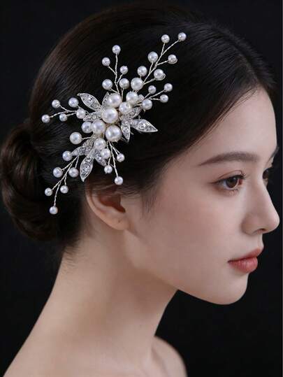 1件合金水钻仿珍珠发梳，简约时尚发饰，适合新娘婚礼、日常派对、宴会及其他场合。