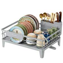 SONGMICS Escurreplatos, Escurridor para Cocina, Giratorio 360° y Extensible, con Soporte para Cubiertos, 31 x 42 x 18.5 cm, Gris Paloma - Gris - Ver 7