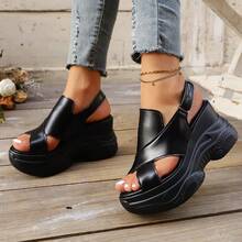 Giày sandal đế dày mềm mại dành cho nữ - Mũi tròn, thiết kế đế xuồng rỗng thoáng khí, quai điều chỉnh bằng khóa dán, giày đi bộ thường ngày chất lượng cao, chống mài mòn và chống trơn trượt. Giày cao gót đế xuồng dày giúp tăng chiều cao và làm thon gọn chân. - màu đen - Xem 13