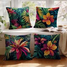4 piezas Fundas de cojín con estampado de plantas tropicales y florales, fundas de cojín impresas por un solo lado para decoración de sala de estar, sofá y dormitorio, 40x40cm/45x45cm/50x50cm, no incluye relleno de cojín - Multicolor - Ver 10