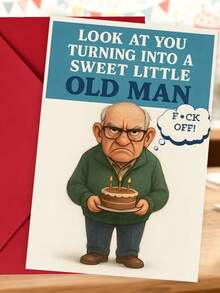 1 pieza, Tarjeta de cumpleaños con humor grosero "Hombre Viejo". Incluye sobre, papel mate suave. Ilustración de abuelo gruñón de dibujos animados. Perfecto para la familia cercana: la tarjeta de cumpleaños traviesa ideal (12cm/4.7in X 17cm/6.7in) - Sobre rojo - Ver 3