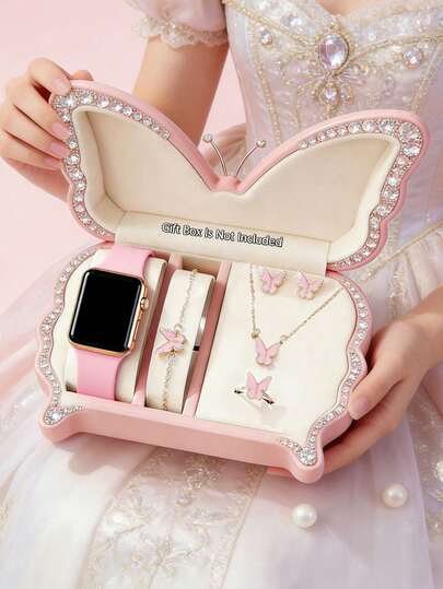 Bộ trang sức nữ thời trang thanh lịch 6/5 món gồm đồng hồ điện tử vuông màn hình LED, dây chuyền hình bướm ngọc trai, vòng tay, nhẫn và bông tai, thích hợp làm quà tặng sinh nhật/ngày lễ cho phái nữ, tuyệt vời để đeo hàng ngày, tốt nghiệp, Ngày Valentine, Ngày của Mẹ.