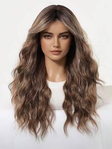 22 Inch Long Water Wave Wigs With Medium Part Bangs For Women, Ombre Brown Synthetic Wig, Heat Resistant Natural Looking Curly Fake Hair For Daily Party Cosplay - Brown Ombre - View 6