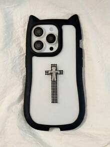 1个DIY可爱酷炫朋克猫耳黑钻十字架+3D金属十字架透明手机壳，兼容 17/16/15/14/13/12 Pro Max Plus，硬壳，创意原创设计师款 - 黑色 - 查看 2