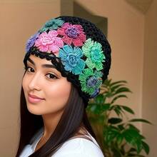Vibrant Bohemian Crochet Womens Beanie| Lightweight Artistic Floral Cap With Unique Hollow-Out Design - Adjustable Vintage Style For Spring/Summer - Random Flower Colors - Breathable, Stretch, Pull-On Closure - Khaki 1 - View 9