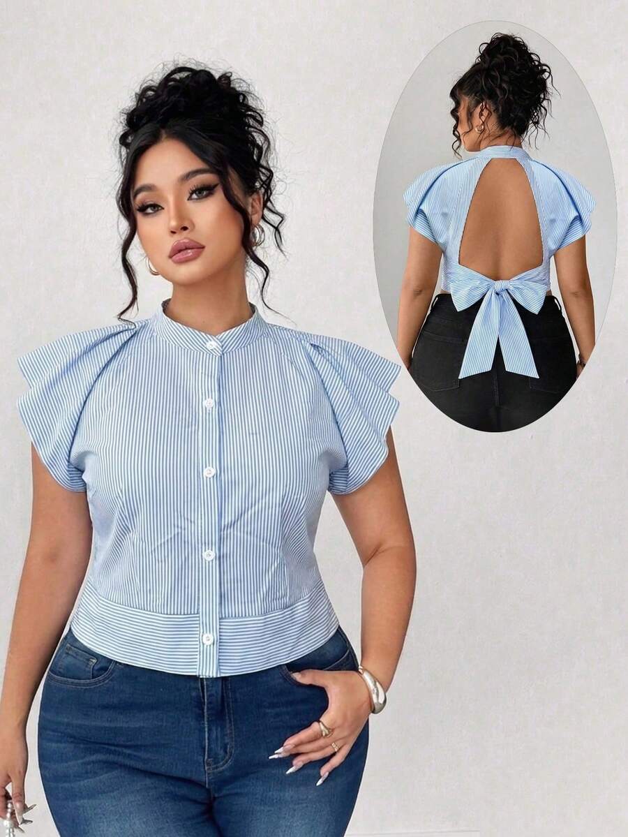 Plus Size Blue Striped Open Back Tie Crop Top, Button Front Ruffle Sleeve Stand Collar Blouse, Casual Summer Shirt For Women - Blue - View 1