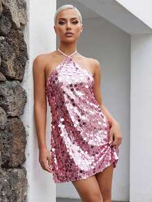 Women's Halter Mini Dress Sparkly Sequin Sleeveless Backless Dress For Party Date Night Wear - 粉色 - 查看 2