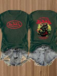 1pc,2026 Summer,Y2K Tee,Double-Side  Women's Red Von Ditch Dragon Floral Design Red And Green Print Fabric Soft & Skin-Friendly Unisex Style  Van Dutch Dragon Print Women T Shirt Classic Americana Style Graphic Going Out Tops Women - 綠色 - 查看 7