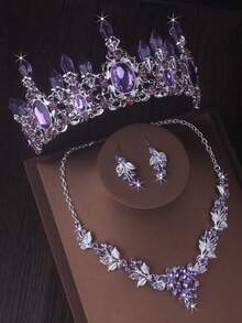 Bridal Crown Necklace Earrings 3 Pieces Set Purple Wedding Accessories Evening Party Birthday Headpiece Bridal Wedding Jewelry Crown Set Necklace - Silver - View 6