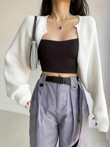 纯色不对称下摆休闲长袖开襟针织衫 白色 - 白色 - 查看 5