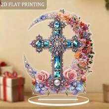 2026 Nuevo Adorno de cruz cristiana de 2D plano de acrílico con rhinestones florales, ornamento de escritorio de cruz barroca vintage con flores de piedras preciosas y perlas, decoración religiosa bohemia durarable e impermeable para el hogar y la iglesia, gran regalo para cristianos - A - Ver 6