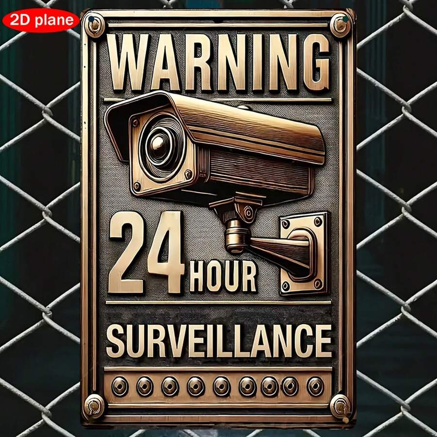 1 pieza Señal de advertencia de vigilancia de 24 horas, estilo vintage, plana en 2D - Hecha de hierro duradero con diseño de cámara de seguridad, para montaje en pared, adecuada para la seguridad del hogar y la oficina, tamaño: 20x30cm - Opción ideal para aumentar la conciencia sobre la seguridad, plana en 2D, la talla grande adecuada para Navidad - Multicolor - Ver 1