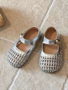 1 Pair Summer New Girls Woven Hollow Mary Jane Shoes, Toddler Soft Bottom Non-Slip Princess Shoes, Kids Hook And Loop Breathable Leather Shoes - Silver - View 5