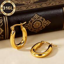 High Quality Golden | Silvery Stainless Steel Earrings, Oval Shaped, Hypoallergenic, Fade-Resistant, Skin-Friendly, Suitable For Daily Wear, Formal Events, Weddings, An Exquisite Gift For Women - Golden - View 8