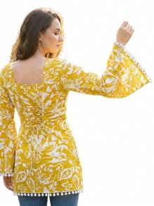 Estationeryhouse Cotton Printed Kurta Top, Long Sleeves, With White Tassels And Drawstring For Adjusting At Back - Yellow - View 7