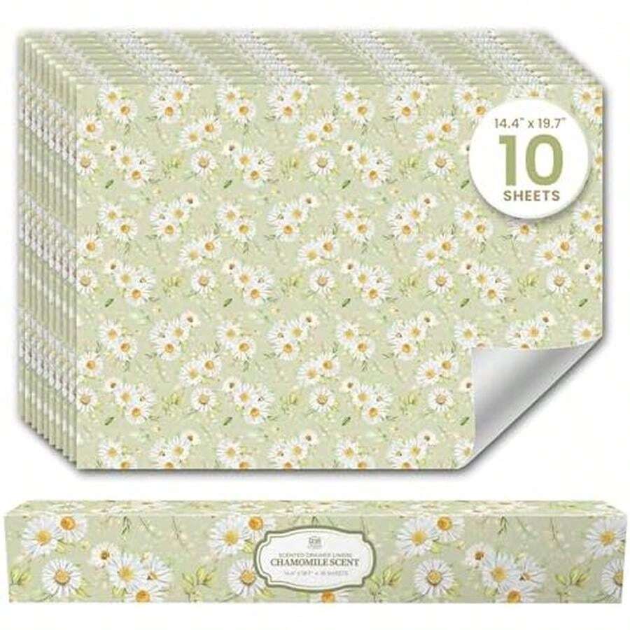 Chamomile Scented Drawer Liners For Dresser Drawers (10 Large Sheets, 19.7" X 14.4") - Non Adhesive Drawer Paper Liner For Bedroom Dresser & Closet Shelves By Linda's Essentials - / - View 1