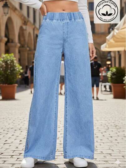 Casual Washed Elastic Waist Wide Leg Jeans Spring