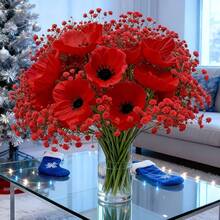 35 bông hoa giả, bao gồm 25 bông hoa baby's breath đỏ và 10 bông hoa cẩm chướng đỏ, thích hợp để trang trí nhà cửa dịp Giáng sinh, làm bó hoa cưới, trang trí lễ hội, có thể dùng để làm vòng hoa Giáng sinh, trang trí bình hoa, trang trí cây thông Noel. Được làm từ chất liệu nhựa, không cần bảo dưỡng, dễ sử dụng. - Đỏ - Xem 7