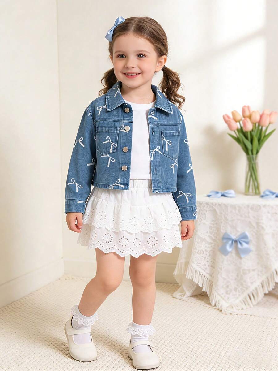 4-7歲女童牛仔外套，牛仔外套，蝴蝶結印花外套，翻領牛仔上衣，休閒外套，淺藍色，寬鬆版型，透氣日常戶外