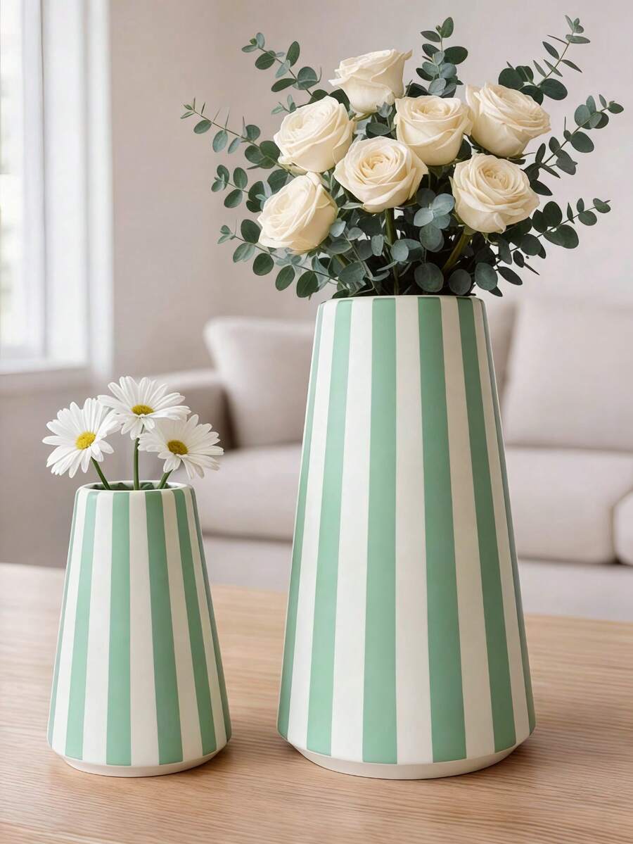 1 Stück grün-weiß gestreifte Vase, einfache zylindrische Vase im europäischen Stil, geeignet für die Dekoration von Wohnzimmer, Schlafzimmer oder Tisch. - Grüne Streifen - Übersicht 1