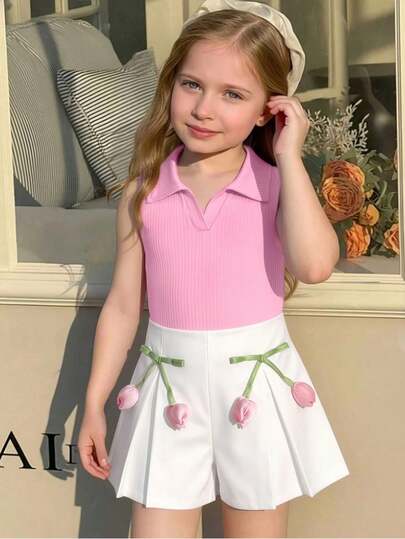 Girls' Sweet Sleeveless Polo Neck Top With 3D Floral Decor Shorts Set, Suitable For Outdoor Play, Beach Vacation, Valentine's Day Party, And Daily Wear