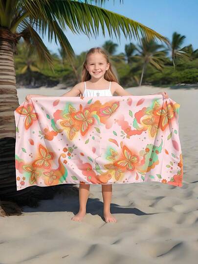 1pc Beautiful Pink Butterfly Children's Beach Towel, Super Soft Microfiber Extra Large Beach Blanket, Super Absorbent Bath Towel, Suitable For Travel, Swimming Pool, Diving, Surfing, Yoga, Camping, Available In Multiple Sizes, Beach Accessories For Beach, Pool, Travel, Camping, Yoga