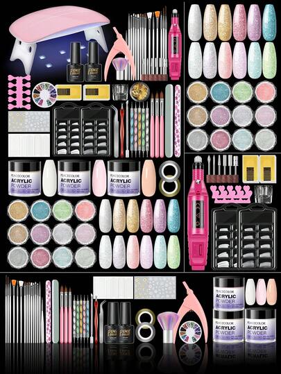 peacecolor 37pcs/Set 10g Acrylic Nail Art Kit, Includes Nail Lamp, Electric Nail Drill, White, Pink, Nude Nail Powder, Base Coat, Top Coat, Acrylic Nail Brushes, Suitable For Women DIY Nail Salon, Gift Set Nails
