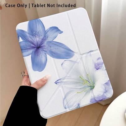 1 chiếc ốp lưng máy tính bảng bằng acrylic pha lê họa tiết hoa ly xanh trắng, có chân đế, phù hợp với /Apple/Honor/và các dòng máy phổ biến khác, có thể gập lại chống cong vênh, các góc được gia cố bằng silicon, tự động bật/tắt màn hình, khe cắm bút tích hợp, chân đế gập đa góc - Bảo vệ hoàn hảo hàng ngày, món quà lý tưởng.