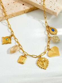 1set Fashion Gold Plated Retro Geometric Carving Pendant Water Drop Heart Shaped Stainless Steel Vintage Accessories Pendant Chain Jewelry Set - Love - View 4
