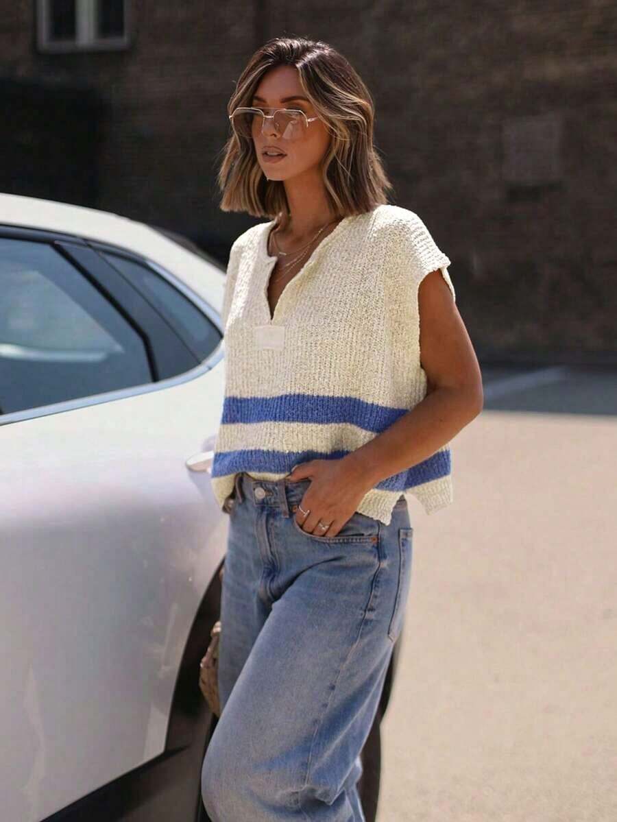Women's Retro Summer Knit Top: V-Neck, Textured Striped And Side Slit Design, Loose Sleeveless Fit - Versatile Casual Wear - Burnt Orange - View 1