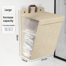 1PC Beige/Gray Hanging Laundry Hamper With Lid, Large-Capacity Wall-Mounted Clothes Storage Bag, Home Storage & Organization, Minimalist Style, Linen-Like Material, Rectangular Shape, With Visible Mesh Window & Leather Handle - Multicolor - View 6