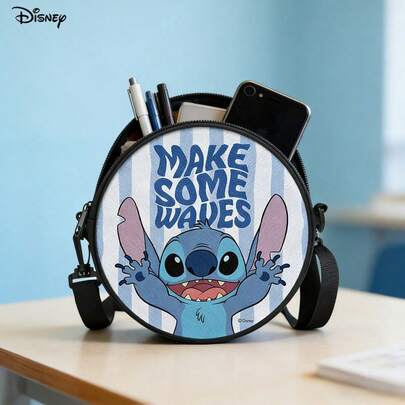 Túi đeo chéo tròn Disney Stitch Make Some Waves, ba lô nhỏ đa năng phù hợp cho du lịch thường ngày, mua sắm, túi đeo vai bằng polyester nhẹ bền có khóa kéo.