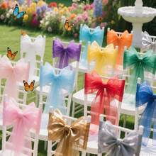 16 Pcs Romantic Wedding Chair Sashes Long Tulle Chair Bows Decoration Wedding Aisle Ceremony Decoration Banquet Church Party Restaurant Outdoor Decoration - Champagne - View 5