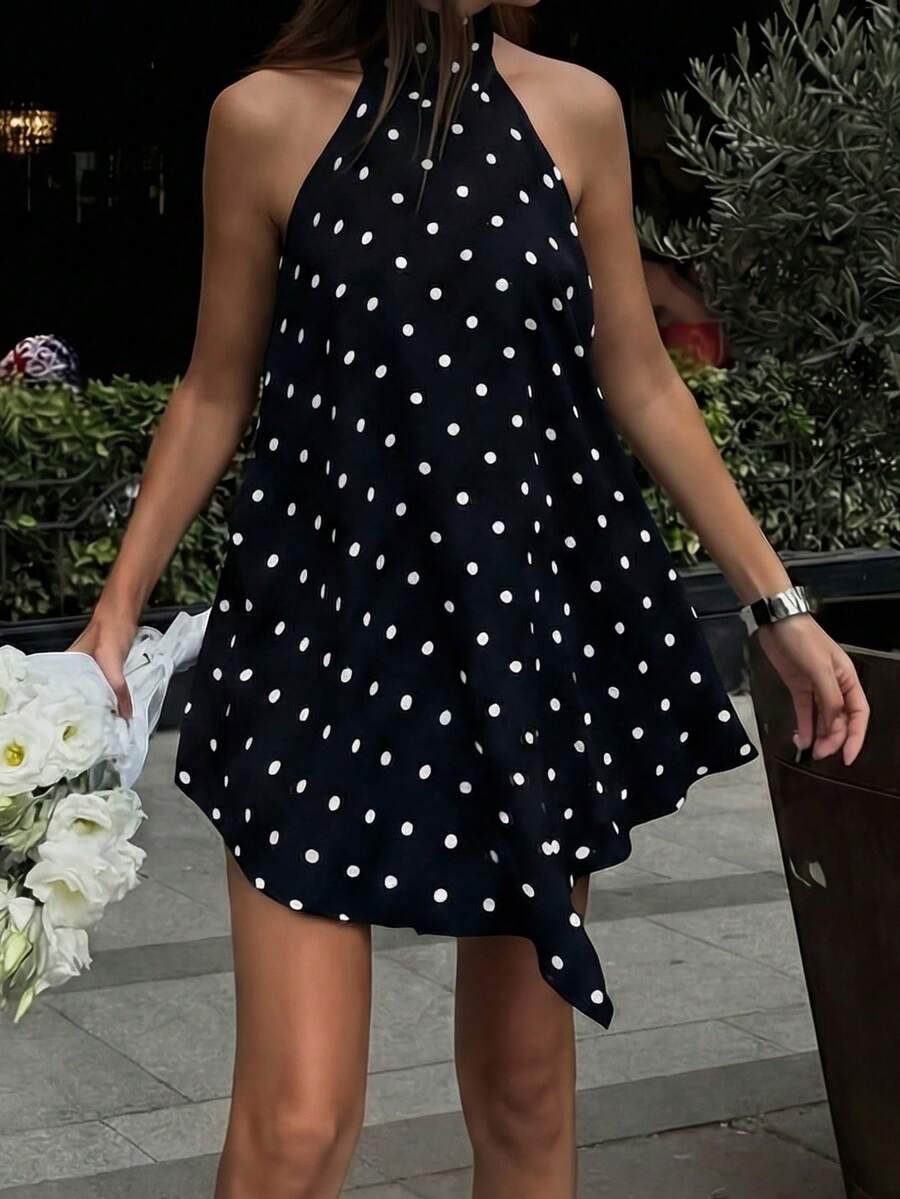女士优雅黑白波点露背无袖连衣裙，适合优雅度假、日常穿着、下午茶和节日装扮，春夏款 - 黑與白 - 查看 1