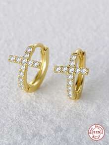 一对精致别致的925纯银镀18K金/银色密镶锆石十字架耳环，低过敏性，低致敏性，适合女性日常佩戴，也适合派对和婚礼等场合，是送给女孩的理想礼物。 - 金色 - 查看 3