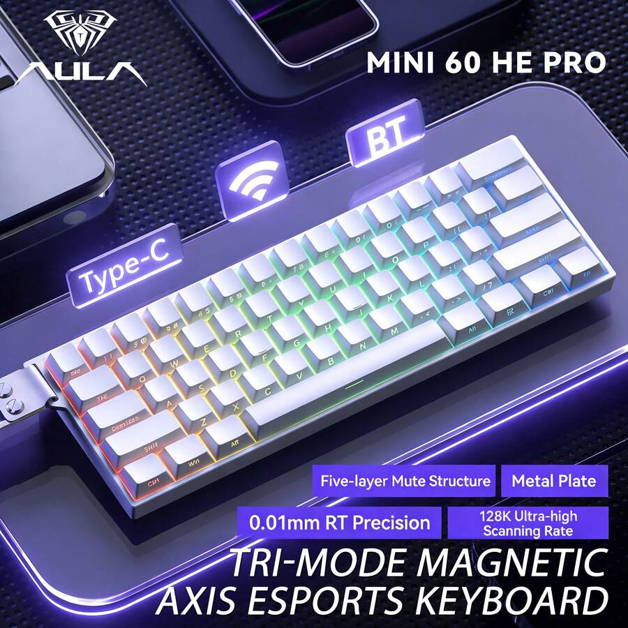 AULA Teclado mecánico MINI 60HE Pro con interruptor magnético, 60 teclas, conexión de 3 modos, alto rendimiento personalizado, para eSports y gaming, tasa de sondeo de 8K