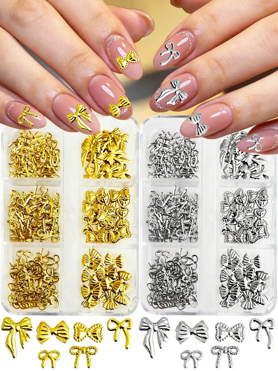 6-Grid Gold Silver Alloy Ribbon Bow Patch Y2K Style Nail Decoration Accessory Set, Nail Decoration Metal Patch, Odorless Cool And Fashionable Subculture Style, Suitable For Nail Decoration, DIY Handmade Decoration Of Phone Cases, Japanese Versatile DIY Nail Phone Case Multifunctional Decoration Design Patch, Mixed Bow Nail Beauty Product, Nail Gemstone, Designed Nail Decoration For Parties, Parties, And Parties. - Multicolor - View 1