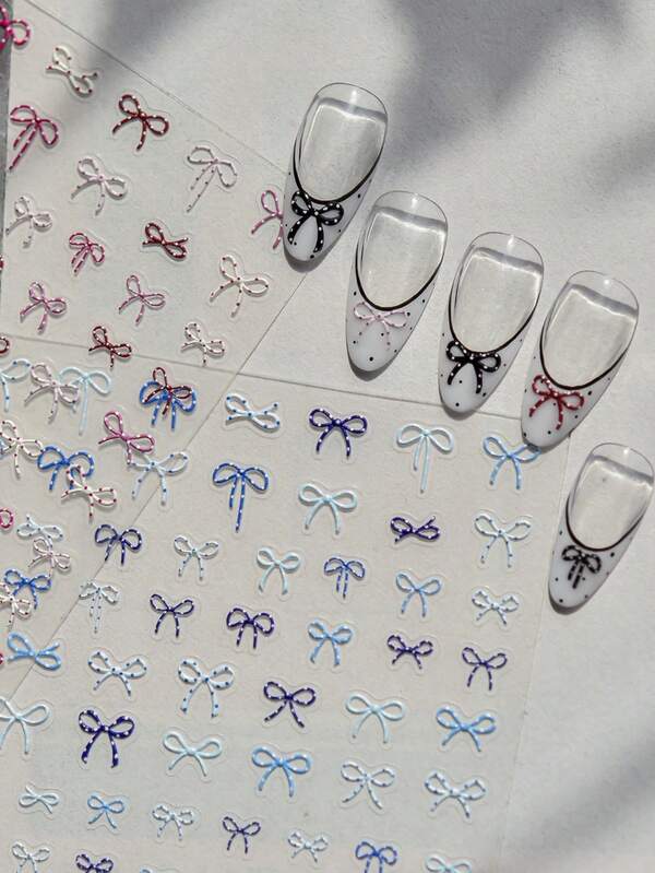 1pc 5D Embossed Kawaii Polka Dot Bow Nail Art Stickers Blue White Long Ribbon Bowknot Self Adhesive Transfer Sliders Nail Art Decor Stickers DIY Decals