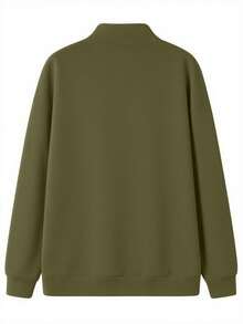 1pc Men's Loose Fit Half-Zip Collar Lightweight Solid Color Sweatshirt - Olive Green - View 9