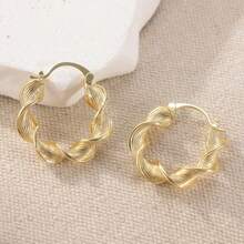 Vintage Twisted Gold Hoop Earrings, Classic Accessory For Women's Daily, Holiday, Party, Fashion Jewelry Gift - Gold - View 2