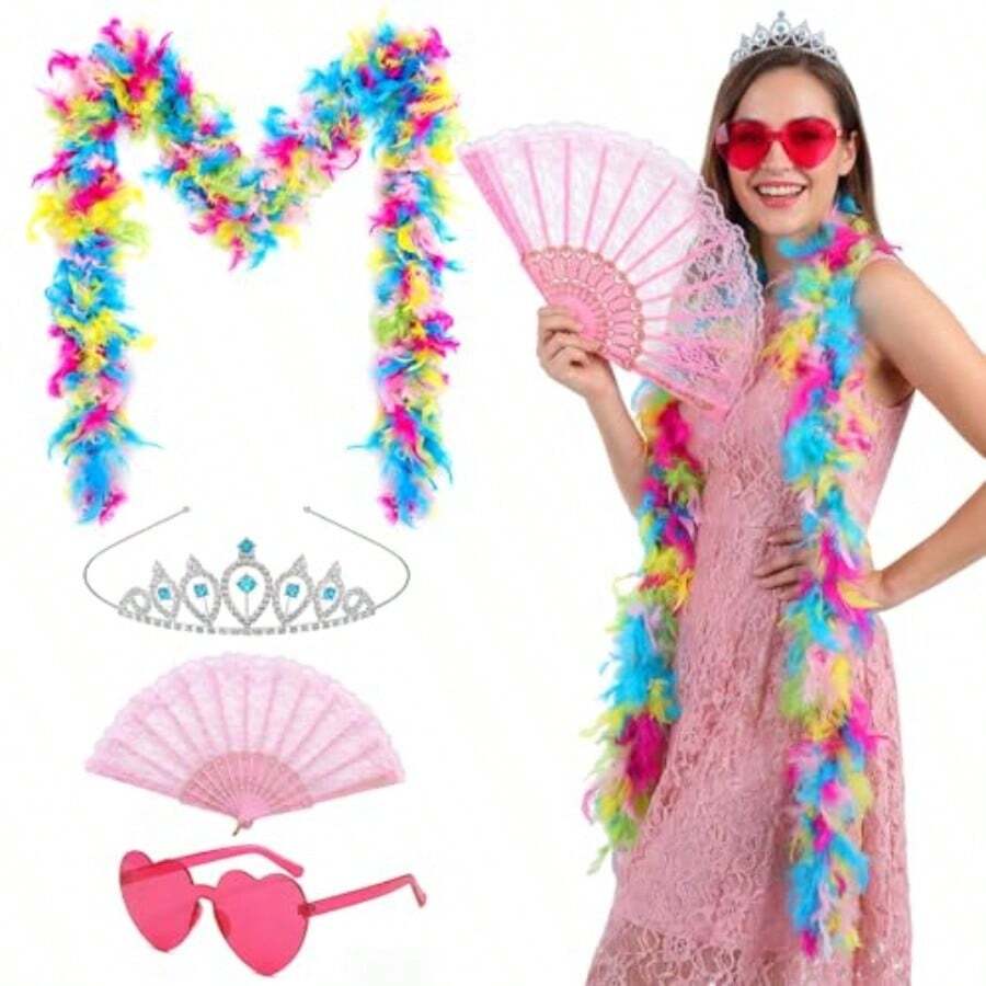 4 Pc Feather Boa Prince Cotume Acceorie For Wen 6.8ft Feather Boa 60g Pink Heart Rimle Unglae Tiara Crown Lace Hand Fan For Birthday Tea Party Bachelorette Party - as pic - View 1