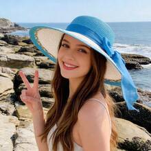 Stylish Straw Hat With Bowknot,Beach Hat,Hats For Women,Beach Hats For Women,Elegant Women's Sun Hat, Beach Sun Protection Hat, UV Protection Hat, Wide Brim Summer Sun Hat - Màu xanh nhạt - Xem 11