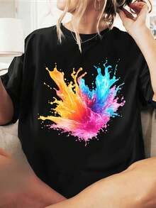 T-shirt da donna Color Splash Graphic in cotone di alta qualità, vestibilità comoda, stile street hip-hop, stampa artistica - nero - Visualizzare 1