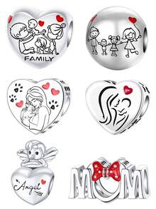 家庭妈妈心形吊坠串珠镀银母女天使宠物妈妈MOM字母吊坠适合手链项链母亲节礼物DIY珠宝制作配件 - 銀色 - 查看 12