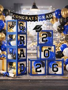 Decoraciones de graduación 2026 - Decoraciones de graduación azules - Caja de globos con texto "Clase de 2026" - "Orgulloso de ti, felicitaciones por la graduación" Decoración de fiesta de graduación - Adecuado para cualquier grado - Caja de globos de graduación azul y negra - Ver 5