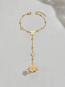1pc Lucky Four-Leaf Clover Pendant Gold Chain Bracelet, Elegant Stainless Steel Beaded Bracelet, Heart Shell Pendant Bracelet, Waterproof Accessory, Suitable For Women's Daily Wear Or Gift - Gold - View 5