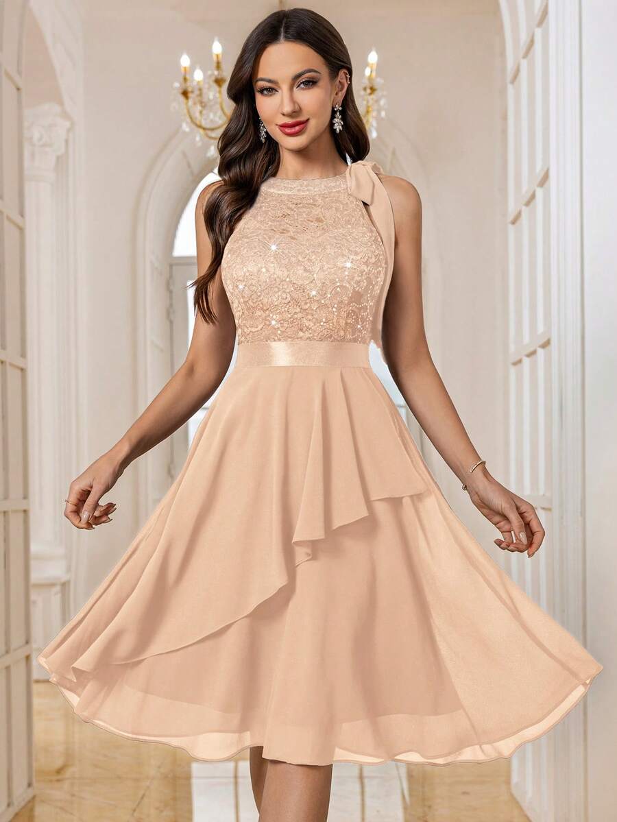 MIUSOL Sequin Floral Lace Patchwork Halter Neck Cocktail Dress, Suitable For Birthday, Wedding Guest, Evening Party Summer Elegant